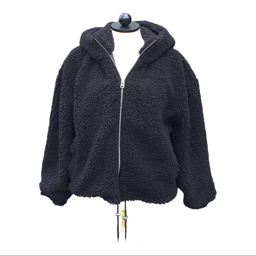 $129 New Lucky Brand Faux Fur Black Zip Up Hooded Jacket Coat XL
